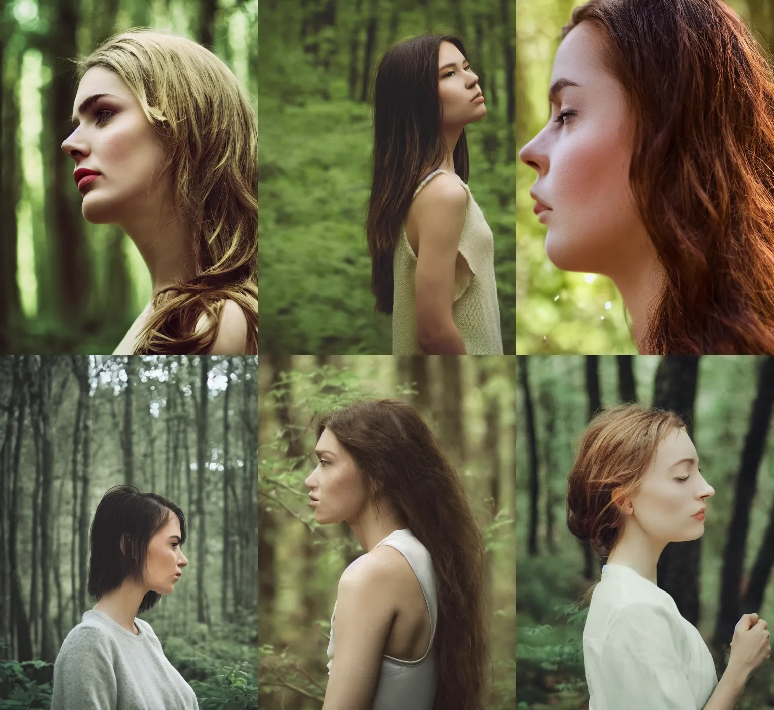 Prompt: Portrait of a beautiful woman in profile at the edge of a spring forest, photo, cinematic, realistic, ultra zoom, 300 mm, film