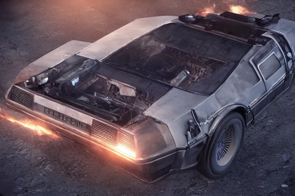 Image similar to ultra realistic delorean dmc 5 drifting on broken highway wreckage floating in space, dark cinematic, volumetric, realistic, 3 d render, realistic render, cinematic lighting, volumetric lighting, atmospheric, cinematic, unreal engine 5, unreal engine render, octane render, hd, photorealism, hyper realistic, 8 k