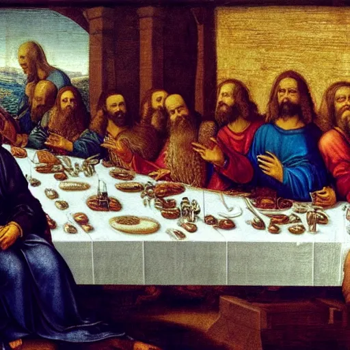 Image similar to Joe biden at the last supper, hyper realism, detailed, by leonardo da vinci,