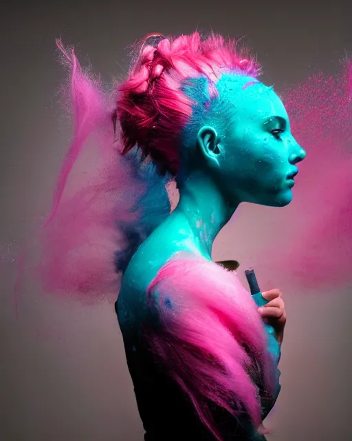 Image similar to a dramatic lighting photo of a beautiful young woman with cotton candy hair. paint splashes. with a little bit of cyan and pink