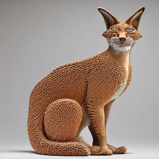 Image similar to A photo-real delicate ceramic porcelain sculpture of an ornate detailed cute caracal in front of a intricate background by Victo Ngai and takato yamamoto, micro detail, backlit lighting, subsurface scattering, translucent, thin porcelain, octane renderer, colorful, physically based rendering, japanese pottery, trending on cgsociety