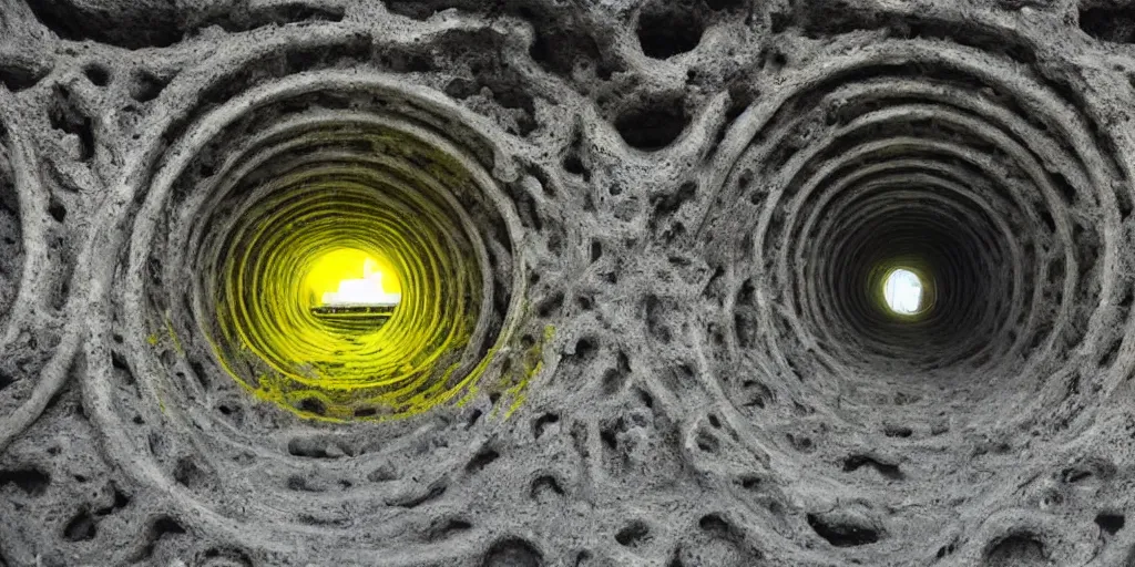 Image similar to nostalgic hyper liminal photo, yellow sponge with many pathways inside each hole, tunnels lead to different memories, surreal, ominous creature hiding detailed, high definition, mysterious, low quality photo, surrealist depiction of a normal sponge, trending, m. c. esher