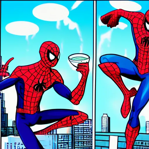 Prompt: The ultimate Spiderman drinking tea, vaporwave