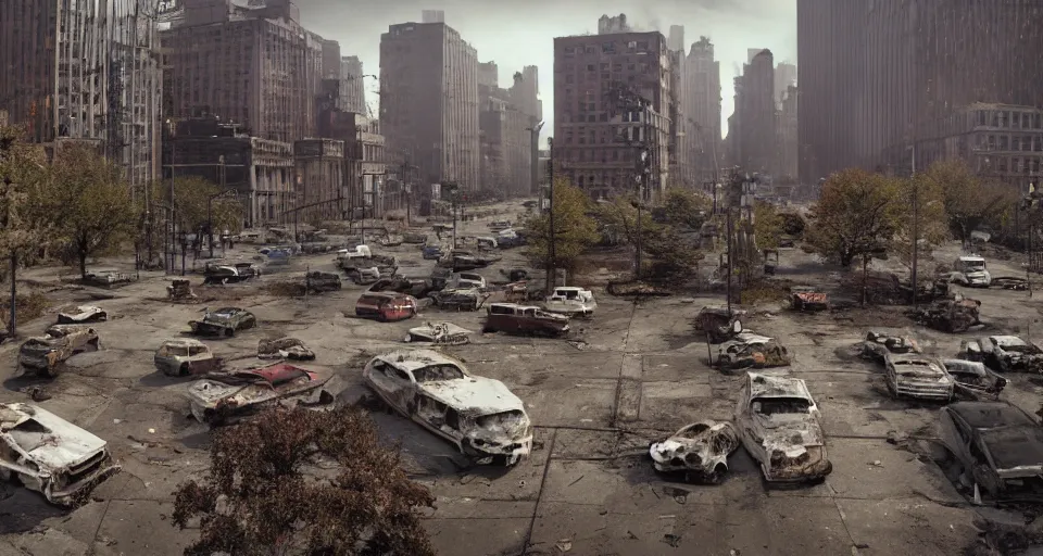 Prompt: wide angle shot of dilapidated zombie - apocalypse new york city in real life, desolate with zombies, dilapidated, zombies on the streets, nightmarish, some rusted style parked vehicles, sunny weather, few clouds, volumetric lighting, photorealistic, daytime, autumn, sharp focus, ultra detailed, cgsociety