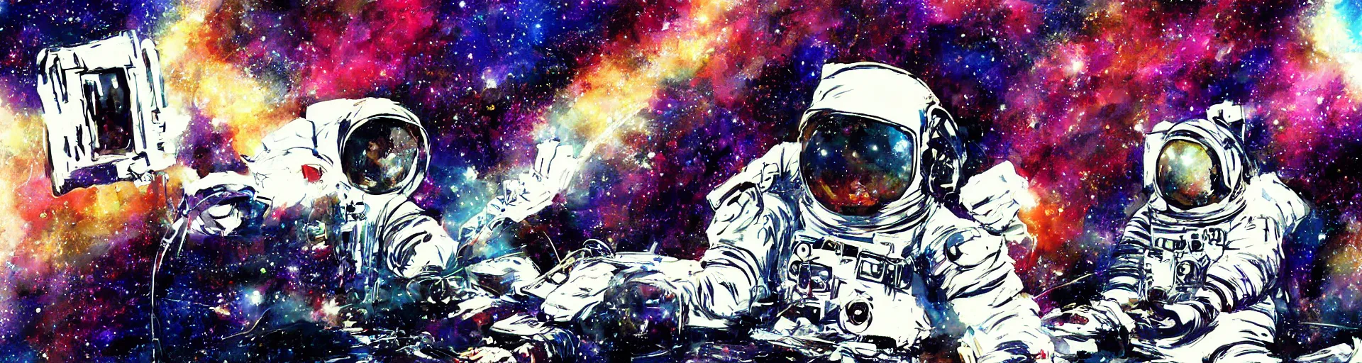 Image similar to an astronaut with headphone playing keyboard in the space, digital painting, digital art, bill sienkiewicz