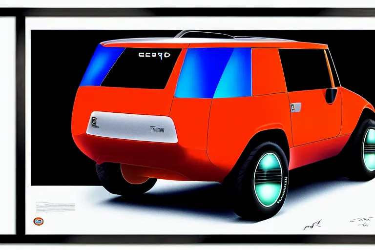 Image similar to designed by giorgetto giugiaro stylized poster of a single toyota fj cruiser concept, thick neon lights, ektachrome photograph, volumetric lighting, f 8 aperture, cinematic eastman 5 3 8 4 film