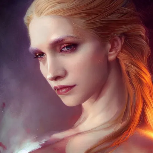 Image similar to majestic gracious regal aristocratic blonde female vampire portrait, atmospheric lighting, painted, soft rim light, menacing, intricate, volumetric lighting, beautiful, rich deep colours masterpiece, golden hour, sharp focus, ultra detailed, by leesha hannigan, ross tran, thierry doizon, kai carpenter, ignacio fernandez rios