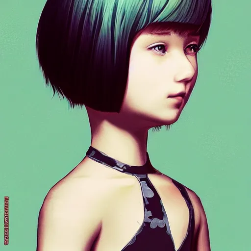 Image similar to little girl with an eccentric haircut wearing an dress made of feathers, artwork made by ilya kuvshinov