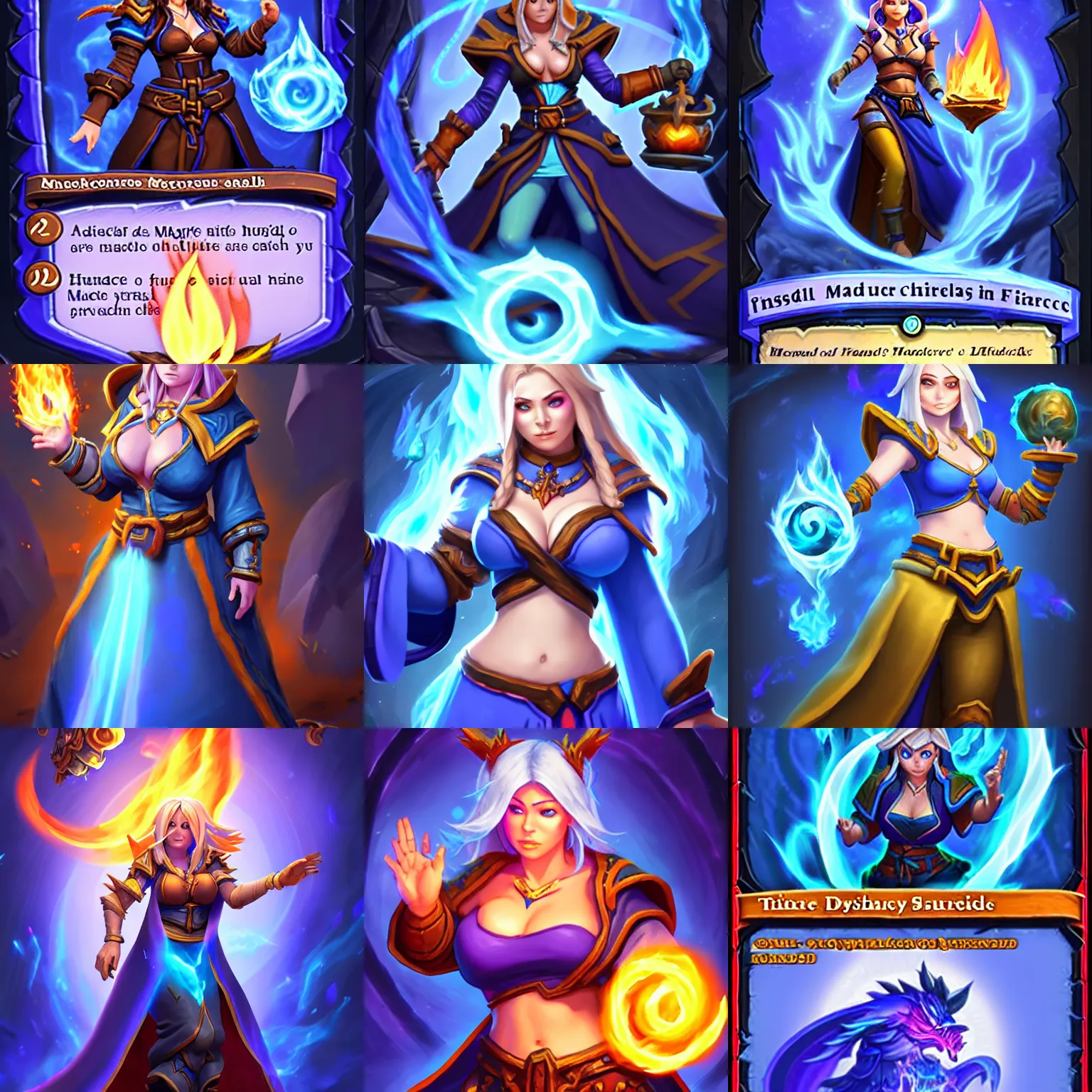 Prompt: Physical guideline : tinyest midriff ever, largest haunches ever, fullest body, small head, SFW huge breasts; Who : a female mage with a blue robe casting a fire spell; ATTENTION : Hearthstone official splash art, SFW, perfect master piece, award winning