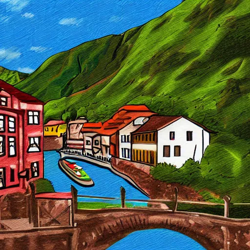 Image similar to digital art painting of a river running through a european town, very mediocre, not detailed at all.