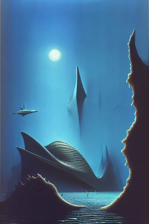 Prompt: emissary underwater world by arthur haas and bruce pennington and john schoenherr, cinematic matte painting, zaha hadid building, photo realism, dark color palate, blue hour stars, desolate desert landscape,