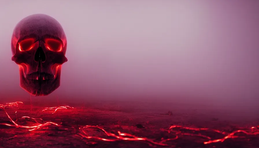 Prompt: Photorealistic Skull covered in thin red strings Surrounded by thick fog and clouds that glow from lights in the distance, volumetric lighting, haze, atmosphere, magical lighting, digital art, wallpaper, octane, redshift