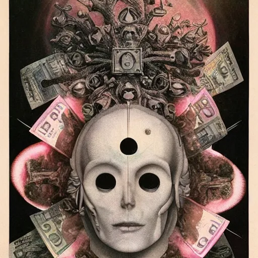 Image similar to new age album cover, asymmetrical design, contains no faces, highly detailed, dollar bank notes, capitalism, magic, apocalypse, psychedelic poster, black white pastel pink, slightly holographic, magic, giger h. r., giuseppe arcimboldo, peder balke