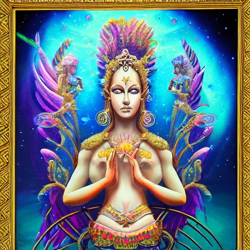 Prompt: goddess of tropical fish metaverse made of ancient magic technology, galactic nebular astral realm sacred journey in oil painting, trending on artstation, award winning, emotional vibrant, highly detailed surrealist art