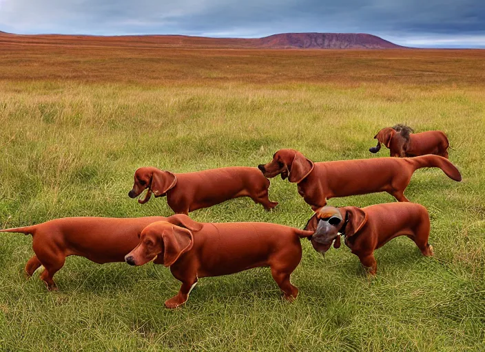 Image similar to Herd of dachshunds migrating in the Tundra, National Geographic photograph, very detailed, 8k