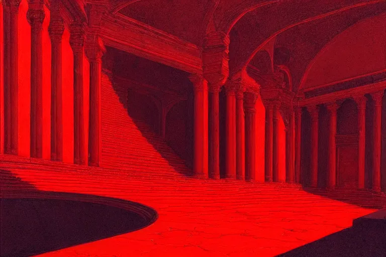 Image similar to only with red, a red melted emperor, taormina amphitheatre, crowd hails him happy, in the style of beksinski, parts by edward hopper, parts by rodcenko, parts by yue minjun, intricate and epic composition, red by caravaggio, insanely quality, highly detailed, masterpiece, red light, artstation, 4 k