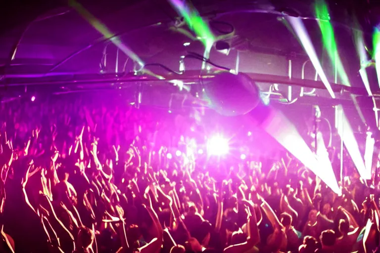 Prompt: a award winning photograph of a dj on stage spinning records with headphones looking over crowd dancing at a club, haze, moving heads light beams, spot lights, disco ball, silhouette