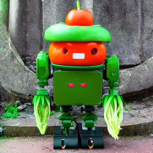 Image similar to robot made of vegetables with big tomato head and a carrot sword, made in abyss style