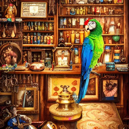 Image similar to A Anthropomorphized parrot trader in his shop, selling his wares, portrait, items, gold, carpet, window, sly expression, cunning expression, presenting wares, holding a gold bag, D&D, fantasy, intricate, cinematic lighting, highly detailed, digital painting, trending on artstation, concept art, smooth, sharp focus, illustration, warm light, cozy warm tint, magic the gathering artwork, volumetric lighting, 8k, art by Akihiko Yoshida, Greg Rutkowski