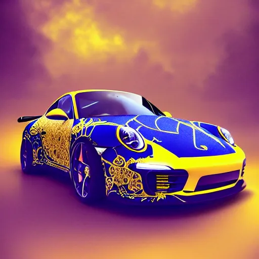 Image similar to black blue yellow porsche 9 1 1, complicated gold and blue flowers the baroque style decoration, dark fantasy, intricate, elegant, highly detailed, digital painting, artstation, concept art, matte, 3 d 8 k octane rendered, sharp focus, illustration, octane rendered, art by artgerm