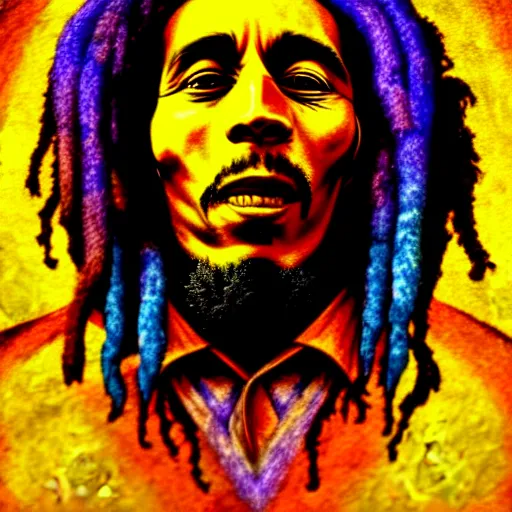 Image similar to an extremely psychedelic portrait of bob marley, surreal, lsd, face, detailed, intricate, elegant, lithe, highly detailed, digital painting, artstation, concept art, smooth, sharp focus, illustration