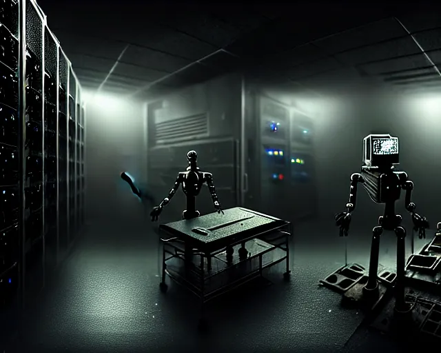 Image similar to gloomy colossal ruined server room in datacenter robot figure automata headless drone robot knight welder posing pacing fixing soldering mono sharp focus, emitting diodes, smoke, artillery, sparks, racks, system unit, motherboard, by pascal blanche rutkowski artstation hyperrealism cinematic dramatic painting concept art of detailed character design matte painting, 4 k resolution blade runner