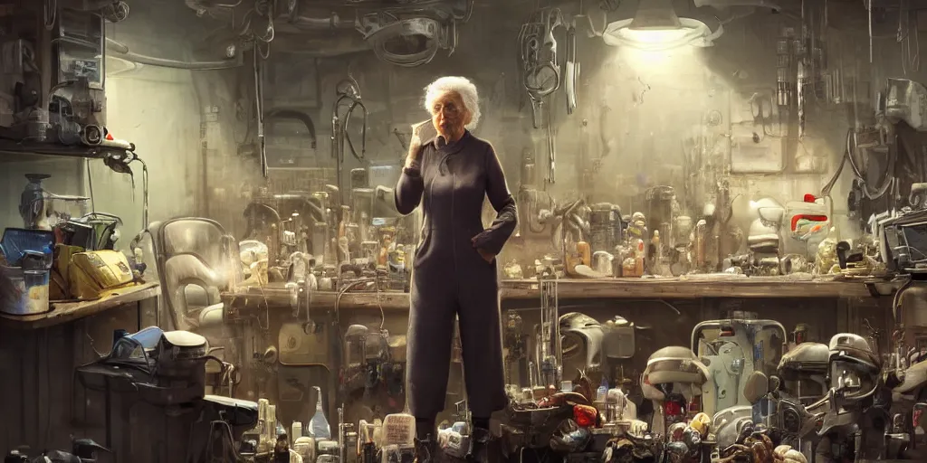 Image similar to an environmental concept art of an elderly woman cyberneticist in a cluttered workshop, surgical implements, surgery theatre, robotic arm, blood spatter, highly detailed, cinematic, dramatic, cyberpunk, dieselpunk, scifi space station, horror, bladerunner 2 0 4 9