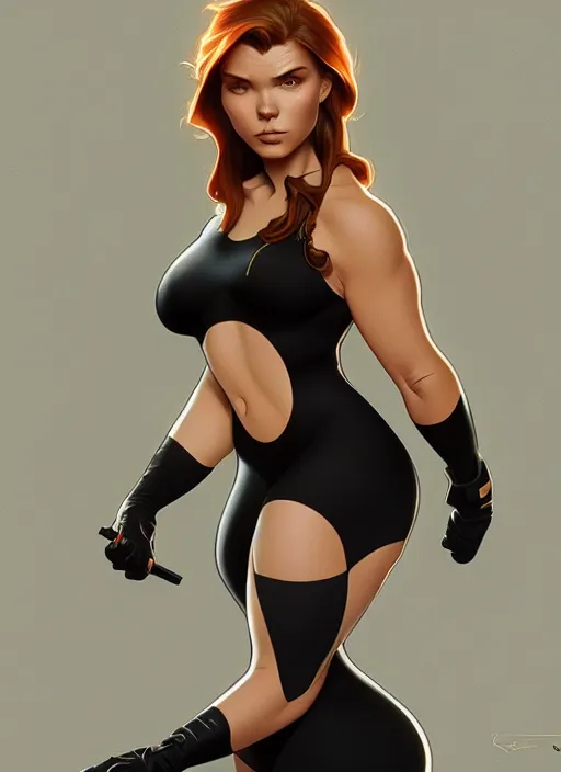 Prompt: kim possible in a black swimsuit, intricate, elegant, highly detailed, digital painting, artstation, concept art, smooth, sharp focus, illustration, art by artgerm and greg rutkowski and alphonse mucha, 8 k