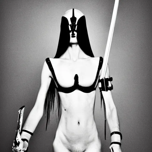 Image similar to fashion black and white photography of an extraterrestrial model, holding a sword, wearing demobaza fashion, inside berghain, berlin fashion, harness, futuristic fashion, dark minimal outfit, photo 3 5 mm leica, hyperdetail, berghain, 8 k, very detailed, photo by nick knight