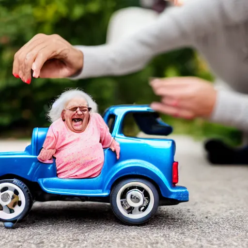 Image similar to elderly woman screaming at a toy car, canon eos r 3, f / 1. 4, iso 2 0 0, 1 / 1 6 0 s, 8 k, raw, unedited, symmetrical balance, wide angle