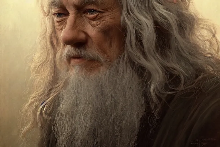 Image similar to Gandalf from Lord of the Rings, diffuse lighting, fantasy, intricate, elegant, highly detailed, lifelike, photorealistic, digital painting, artstation, illustration, concept art, smooth, sharp focus, art by John Collier and Albert Aublet and Krenz Cushart and Artem Demura and Alphonse Mucha