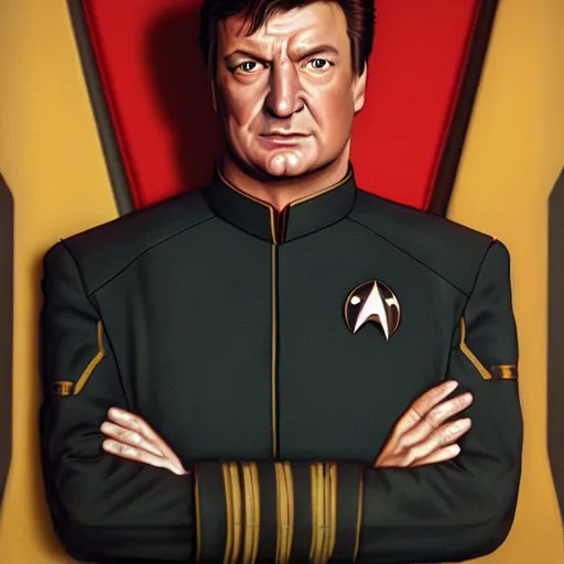 Image similar to A portrait of Nathan Fillion in a starfleet uniform, highly detailed photorealistic, unreal 5, hugh definition, 8k, deviantart, donato giancola, oil painting