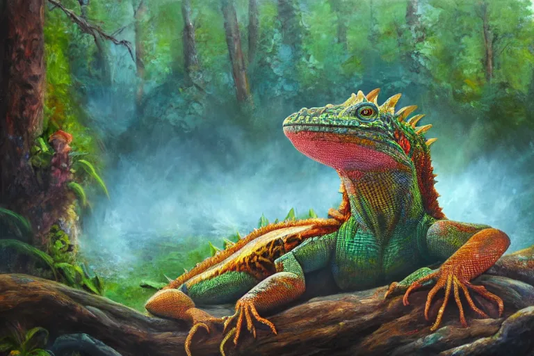 Prompt: highly detailed oil painting of a lizard man sitting in a steaming colorful hotspring with woodland forest backdrop, featured on artstation