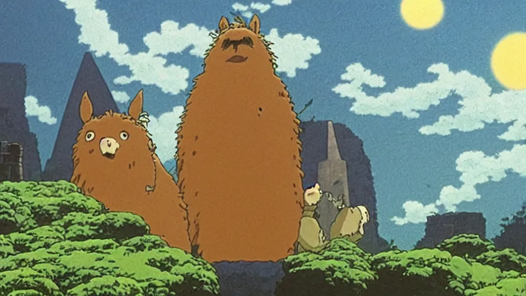 Prompt: a movie still from a studio ghibli film showing a lovecraftian alpaca from howl's moving castle ( 2 0 0 4 ). a pyramid is under construction in the background, in the rainforest on a misty and starry night. a ufo is in the sky. by studio ghibli