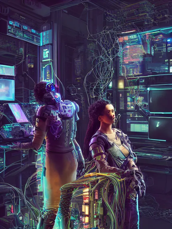 Prompt: a cyberpunk 2077 illustration half body portrait of two veiled female android queen pray with complex mess of cables and wires behind them connected to giant computer, film lighting, by laurie greasley,Lawrence Alma-Tadema,William Morris,Dan Mumford, trending on atrstation, full of color, mythological, high detailed,golden ratio,cinematic lighting