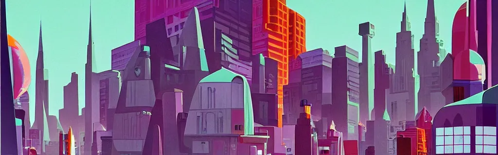 Prompt: sci - fi city street with faceted angular buildings, modernism, gouache, animated film, stylised, illustration, by eyvind earle, scott wills, genndy tartakovski, syd mead