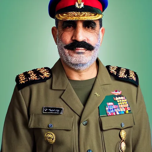 Prompt: professional portrait of an arab military general with a big mustache wearing a beret, rainbow background, 8 k, intricate, detailed,