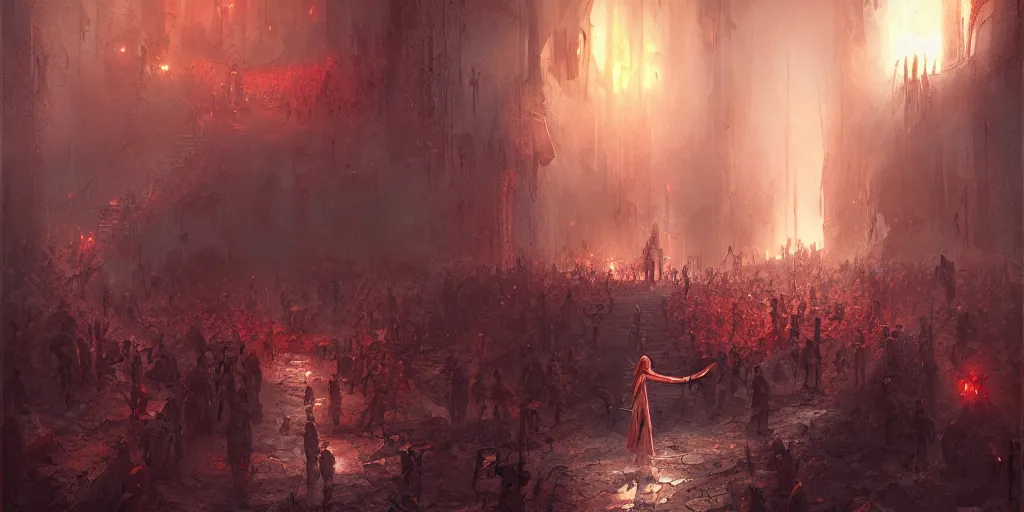 Prompt: Jesus Christ, walking through hell, to destroy Satan's kingdom , a fantasy digital Painting, by Marc Simonetti