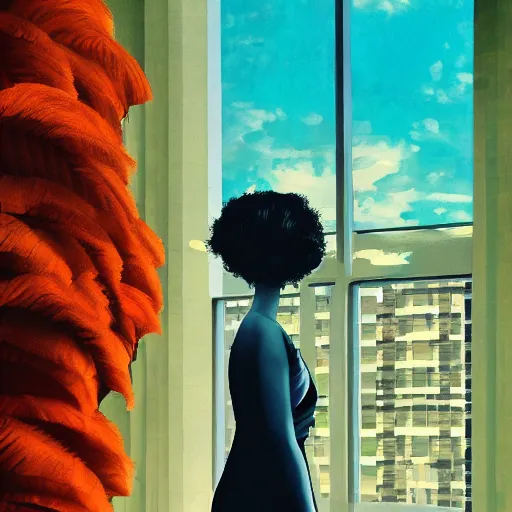 Image similar to closeup, giant flower head, woman next to modern windows, luxury apartment, surreal photography, dramatic light, impressionist painting, digital painting, artstation, james gilleard