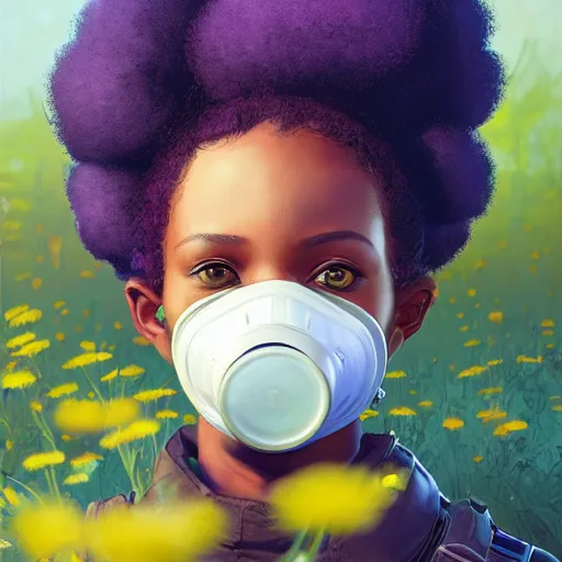 Prompt: a young black girl with afro puffs wearing a gas mask in a field of flowers, Apex Legends character, digital illustration portrait design, by android jones and greg rutkowski, retrowave color scheme, detailed, cinematic lighting, wide angle action dynamic portrait