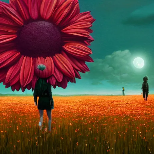 Image similar to giant daisy flower as a head, girl walking in flower field, surreal photography, moon light, dark night, dramatic, impressionist painting, clouds, digital painting, artstation, simon stalenhag