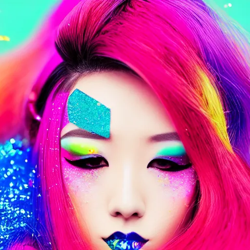 Image similar to japanese model with maximalist hair style and makeup, bright colors, fashion model, portrait shot, glitter, depth of field, 8 k, hyper detailed, intricate, trending on artstation