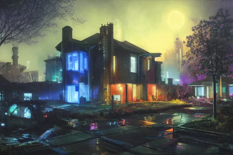 Image similar to cyberpunk, an estate agent listing photo, external view of a 5 bedroom detached house in the UK, it's night time, by Paul Lehr, highly detailed, photorealistic, unreal engine, 8k,