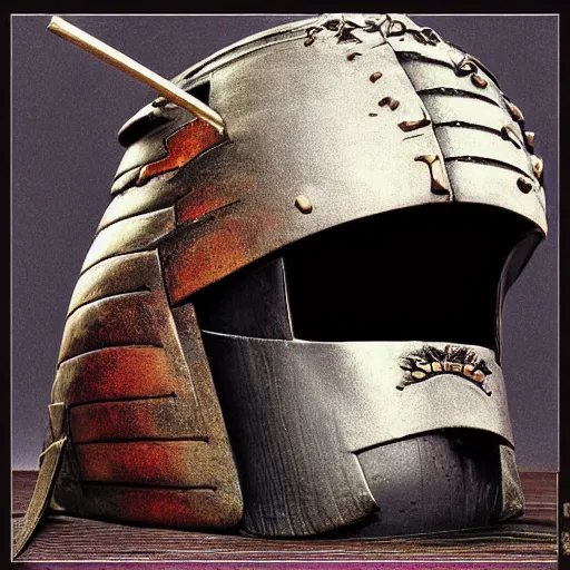 Prompt: samurai helmet, album art, poster, cover art