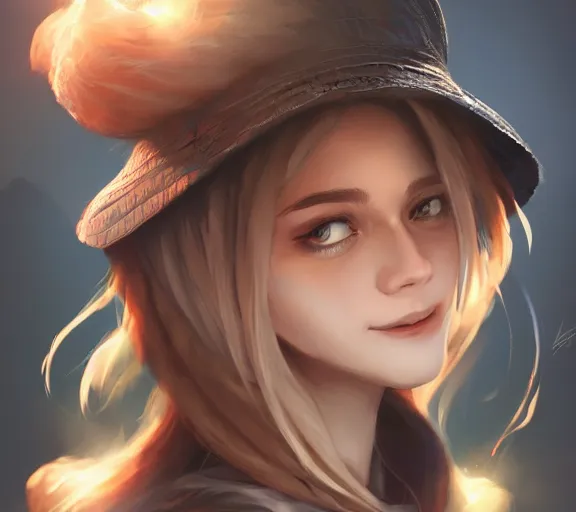 Image similar to mysterious smiling girl puts on a different hat, digital art, trending on artstation, artgerm, very detailed, great quality, illustration, smooth, sharp focus, concept art,