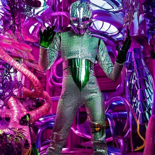 Image similar to vogue magazine photo, inside a futuristic detailed alien jungle made out of shiny reflective chrome, futuristic android with limbs made out of stretchy rubber tubing mixed with shiny colorful giant intricate detailed chrome gauntlets and chest piece and luchador mask, wearing a long purple velvet cape, fog and mist