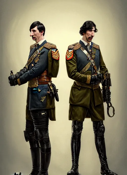 Image similar to a portrait of john oliver and adam driver posing together, stoic, military uniform, fantasy, intricate, elegant, beautiful, highly detailed, centered, digital painting, artstation, concept art, smooth, sharp focus, illustration, art style by klimt and nixeu and ian sprigger and wlop and krenz cushart