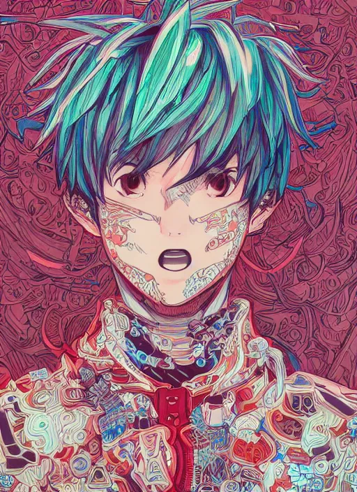 Image similar to portrait of happy anime boy, an ultrafine detailed illustration by james jean, intricate linework, bright colors, final fantasy, behance contest winner, vanitas, angular, altermodern, unreal engine 5 highly rendered, global illumination, radiant light, detailed and intricate environment