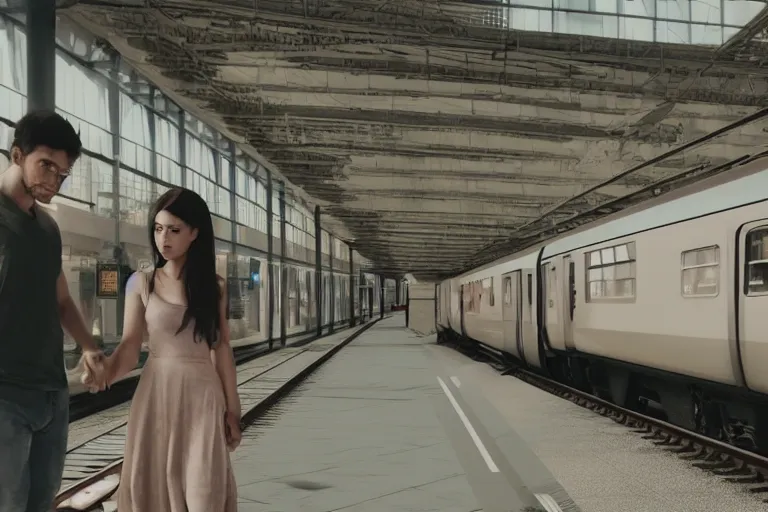 Image similar to vfx movie couple in a train station flat color profile cinematography