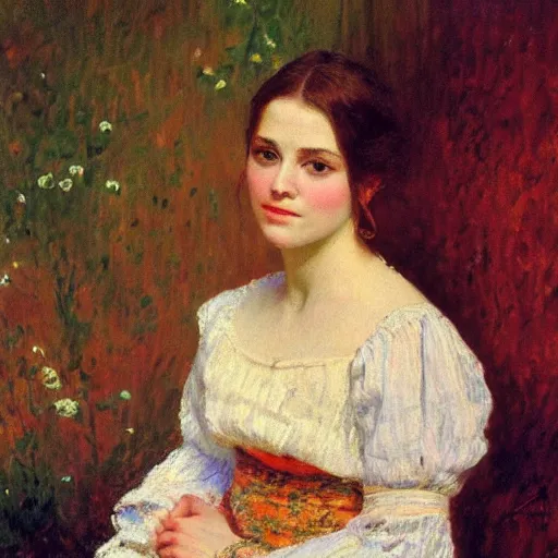 Prompt: portrait of a young woman, impressionism, realism, landscape, portrait, romanticism, painting by nikolay makovsky